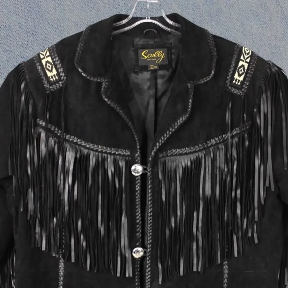 Vintage Scully Men’s Western Fringe Black Leather Beaded Tribal Jacket - Size 52